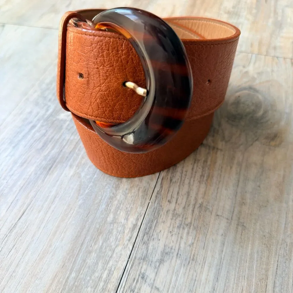 Vintage Genuine Leather Belt USA Made Brown Tortoise Buckle Size 27 Lands End